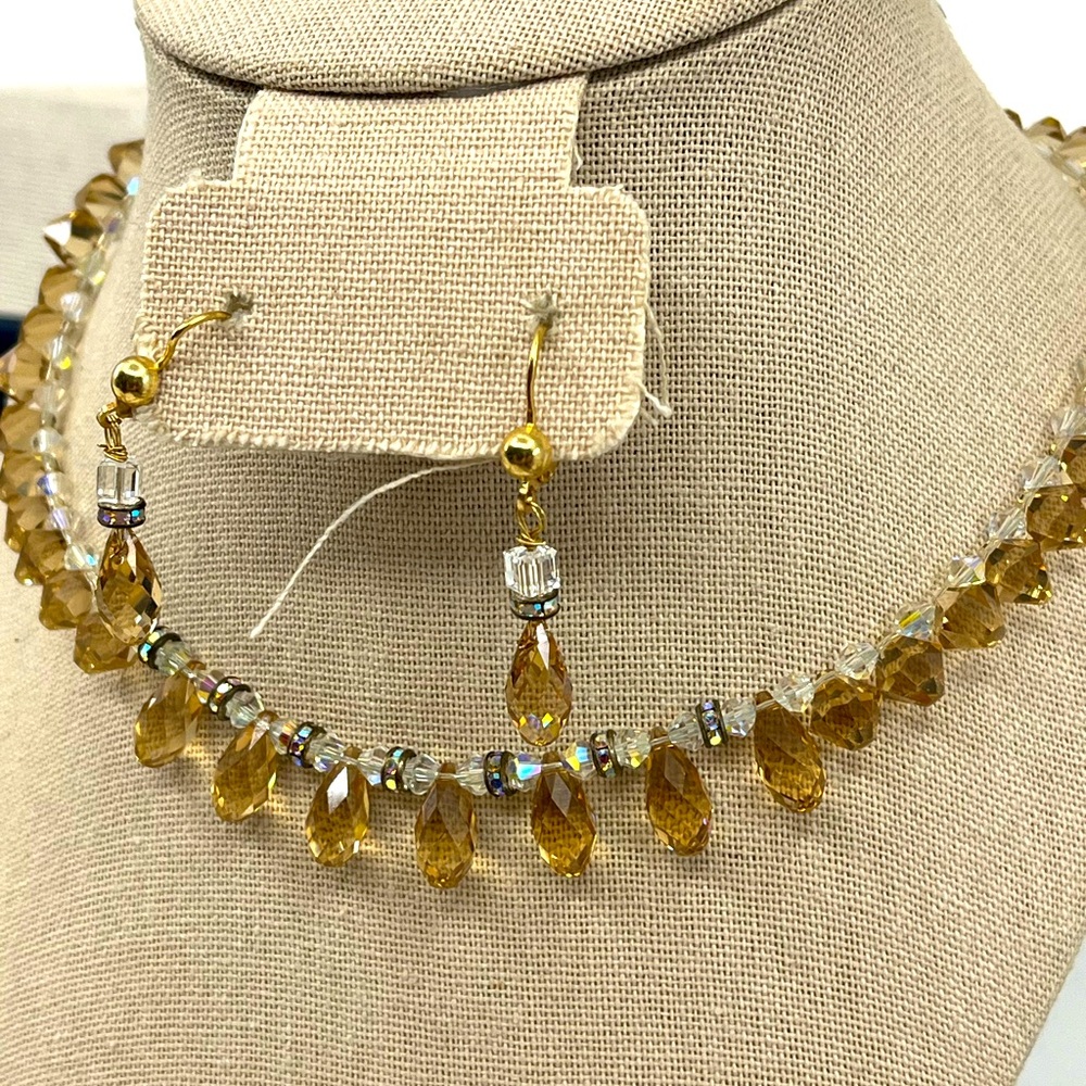 Vintage 14K Gold '585 Italy' Necklace Earring Set with Faceted Quartz